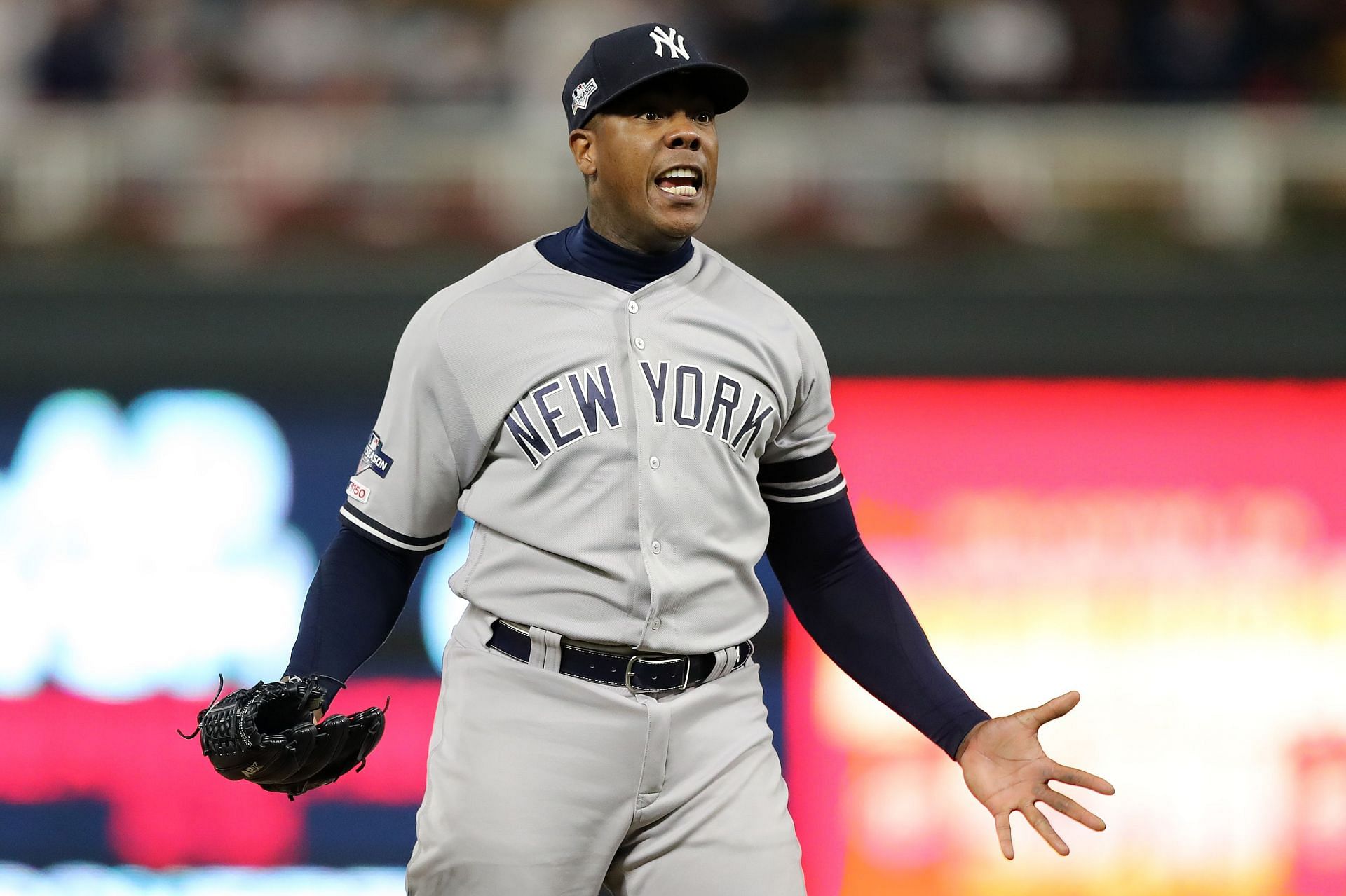 Aroldis Chapman (54) of the New York Yankees celebrates after the final out defeating the Minnesota Twins 5-1 in game three of the American League Division Series to advance to the American League Championship Series at Target Field on October 07, 2019, in Minneapolis, Minnesota. (Photo by Elsa/Getty Images)