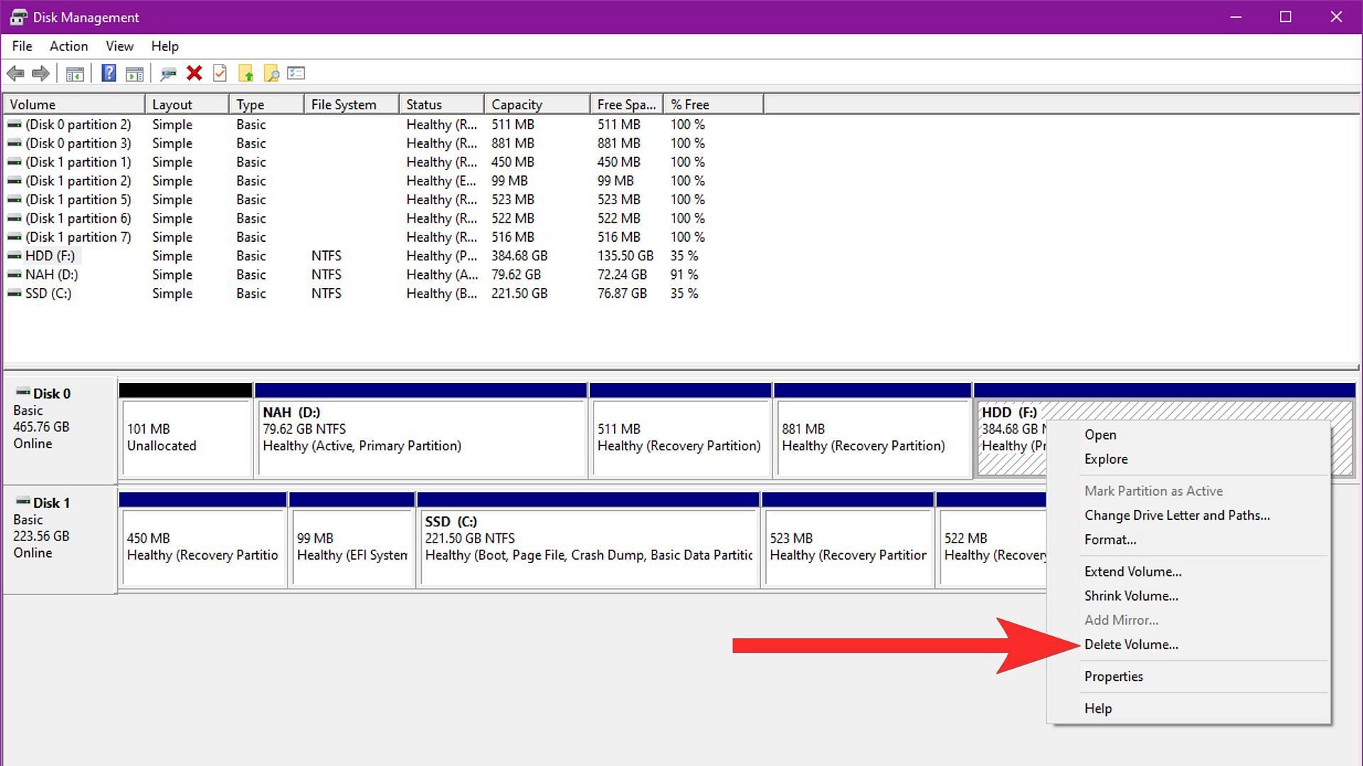 Right-click on a partition and select Delete Volume (Image via Sportskeeda)