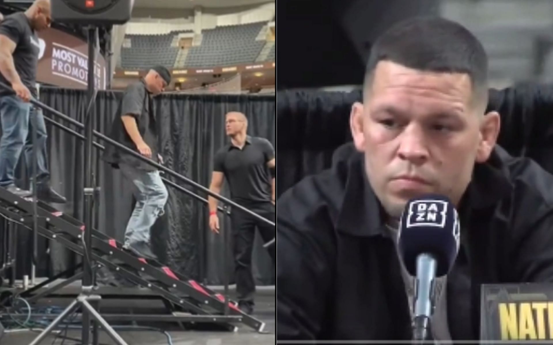 Nate Diaz took a toilet break during the Paul vs. Diaz press conference [Image credits: @twrecks15 and @BloodyElbow on Twitter]