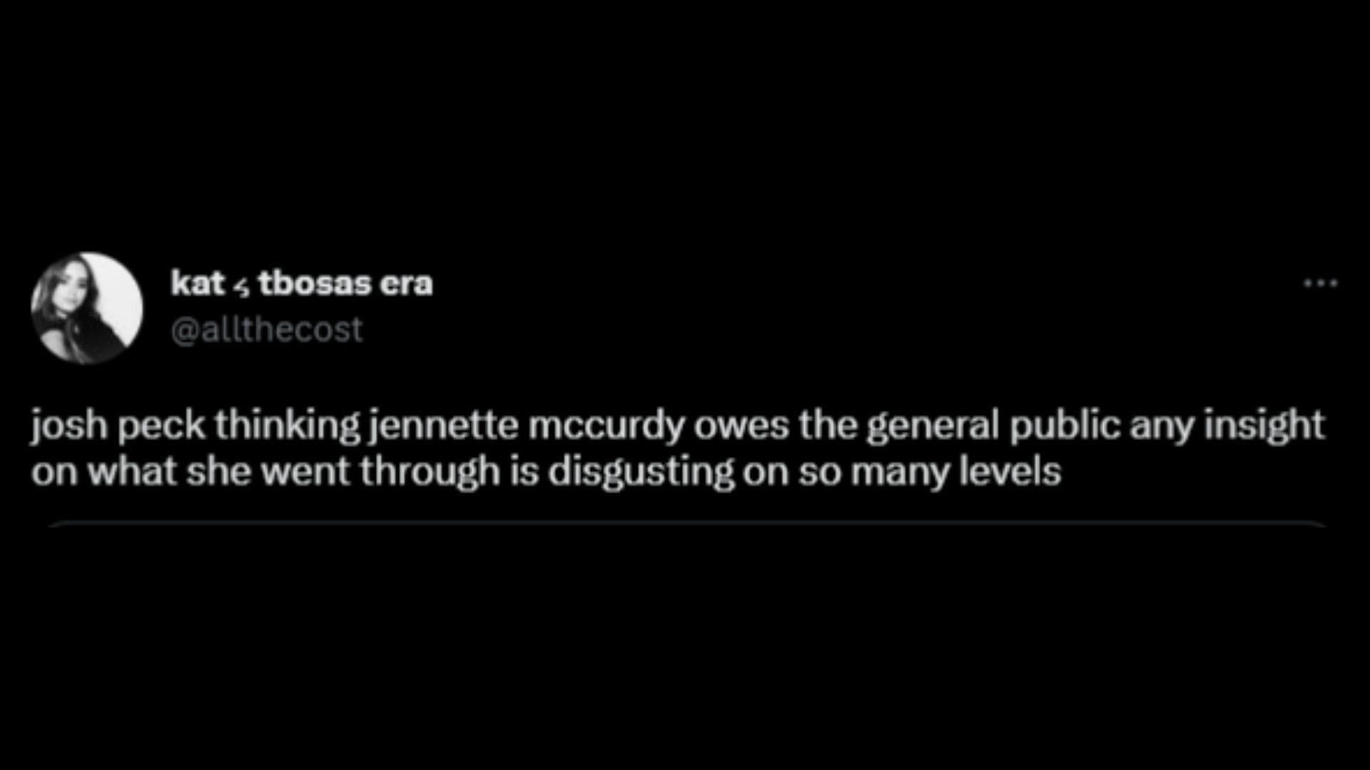 Screenshot of a Twitter user reacting to Peck&#039;s comments on McCurdy. (Image via @PopCrave/Twitter)