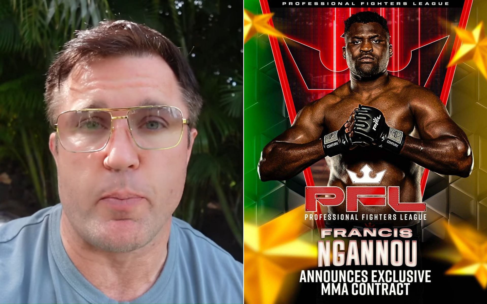 Chael Sonnen [Left], and PFL announces Francis Ngannou signing [Right] [Photo credit: Chael Sonnen - YouTube, @PFLMMA - Twitter]