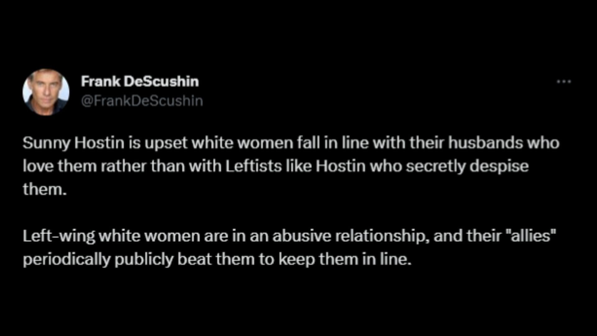 Screenshot of a Twitter user remarking on Hostin&#039;s comments on White women. (Image via @tomselliott/Twitter)