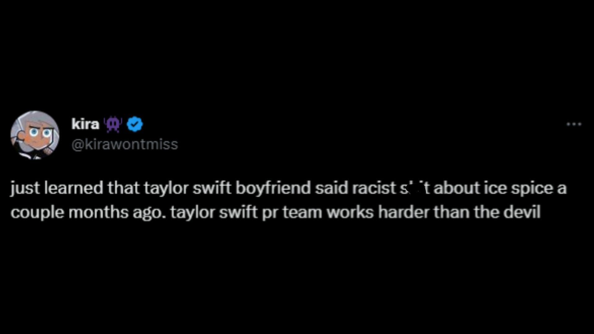 Screenshot of a Twitter user remarking on Taylor Swift and Ice Spice&#039;s collaboration. (Image via @PopBase/Twitter)