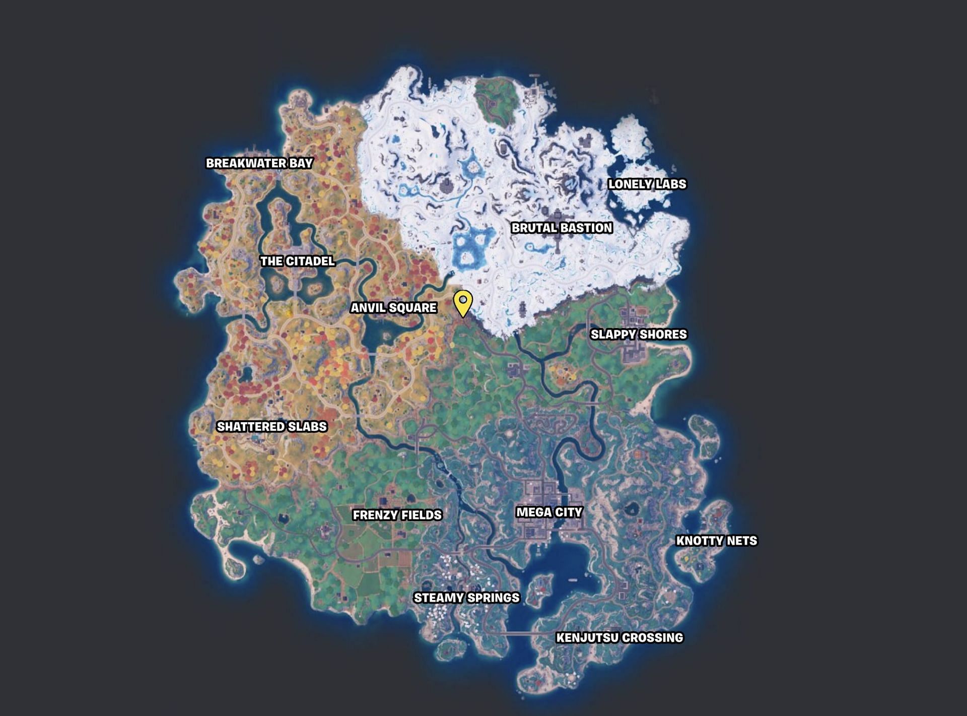 Here&#039;s where you need to land after dropping out of the bus (Image via Fortnite.GG)