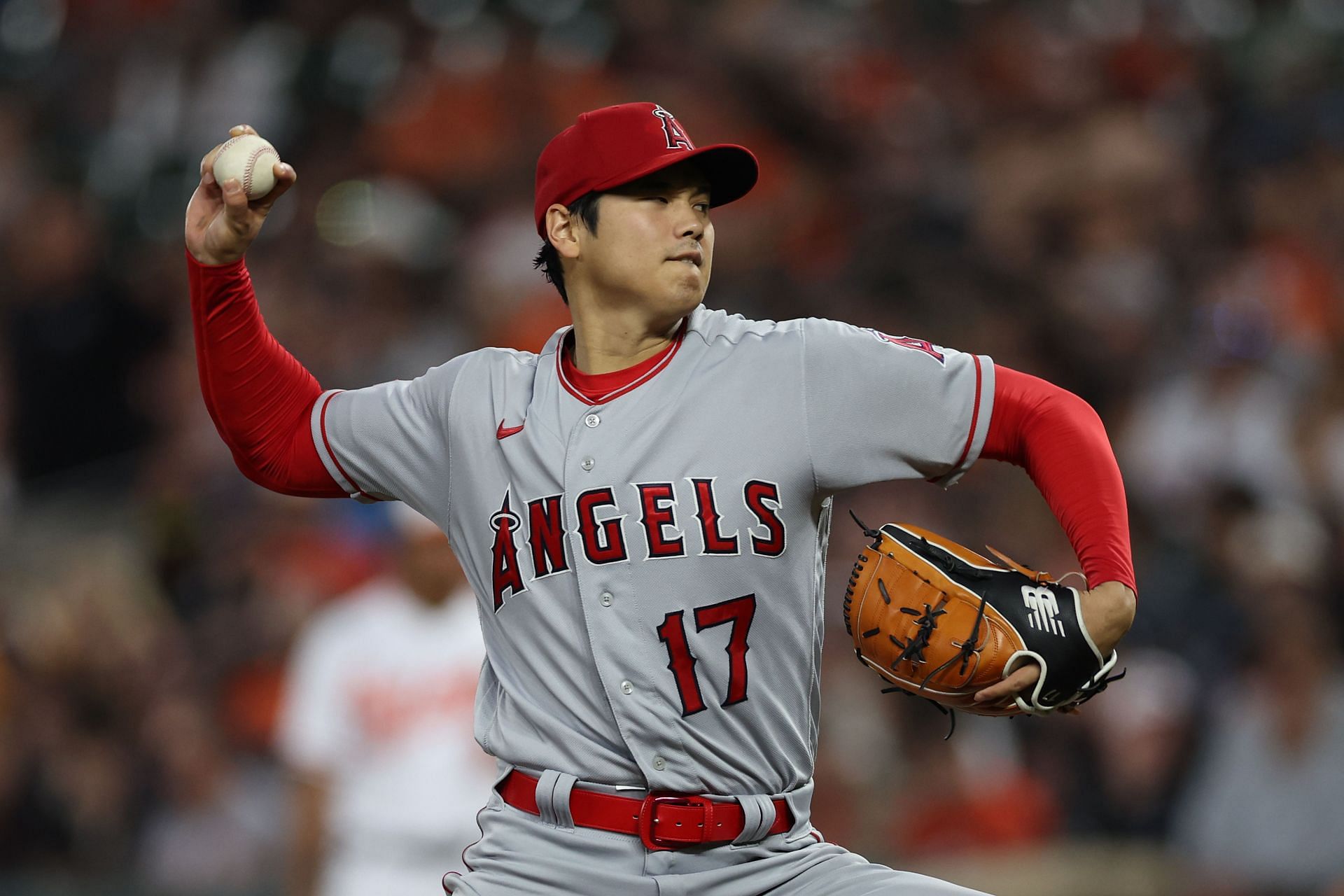 Starting pitcher Shohei Ohtani pitches in the sixth inning against the Baltimore Orioles at Oriole Park at Camden Yards