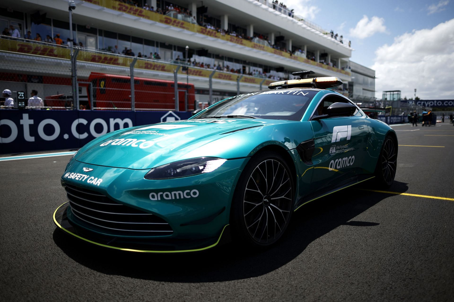 MIAMI, FLORIDA - MAY 07: The FIA Aston Martin Safety Car is seen prior to the F1 Grand Prix of Miami at Miami International Autodrome on May 07, 2023 in Miami, Florida. (Photo by Chris Graythen/Getty Images)