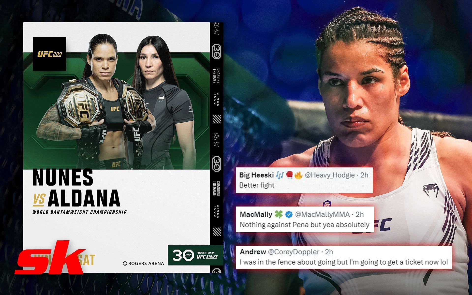 UFC 289 poster (left) and Julianna Pena (right) [Image credits: Getty Images and @ufc on Twitter ]
