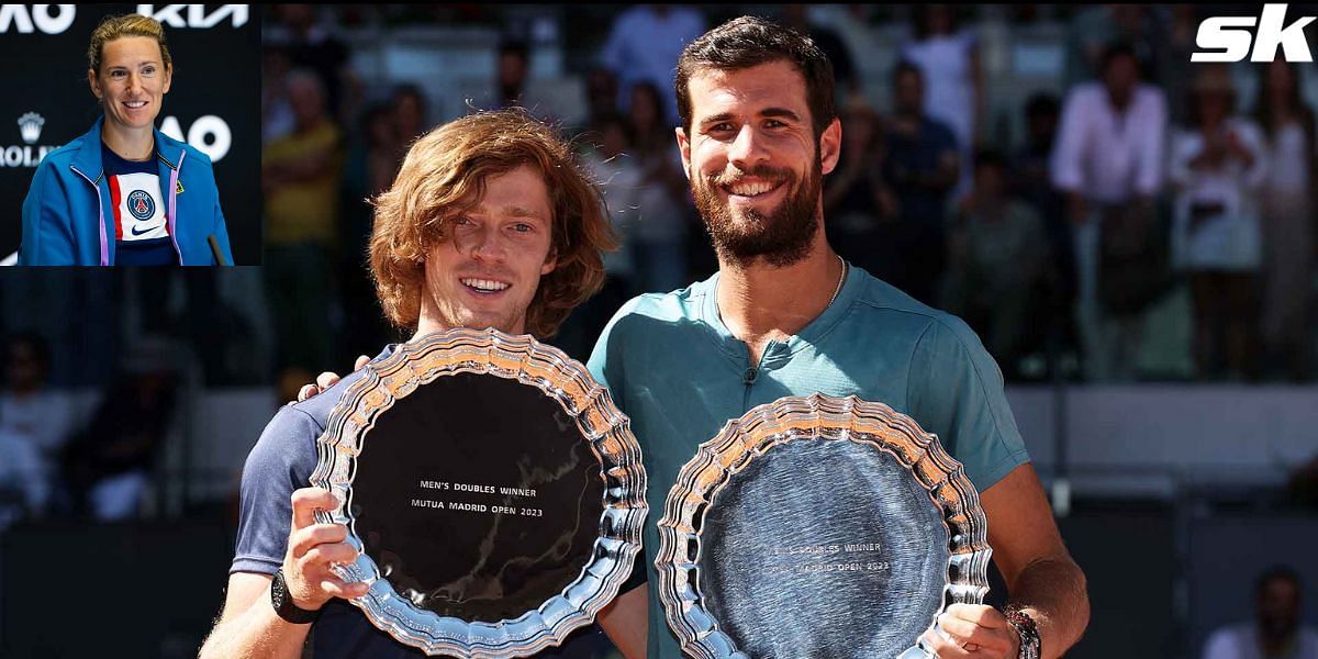 Andrey Rublev and Karen Khachanov with their 2023 Madrid Open doubles title and Victoria Azarenka (inset)