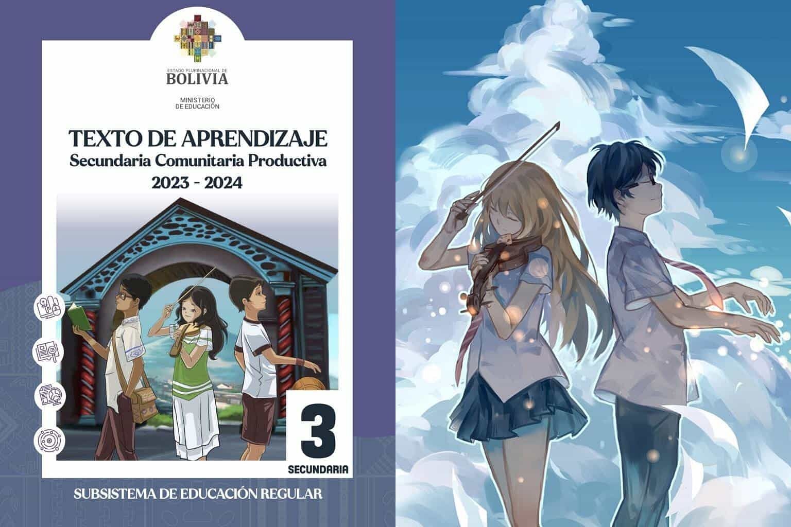3rd grade textbook in Bolivia that plagiarized the key visual from Your Lie in April (Image via Bolivian Ministry of Education, Naoshi Arakawa)
