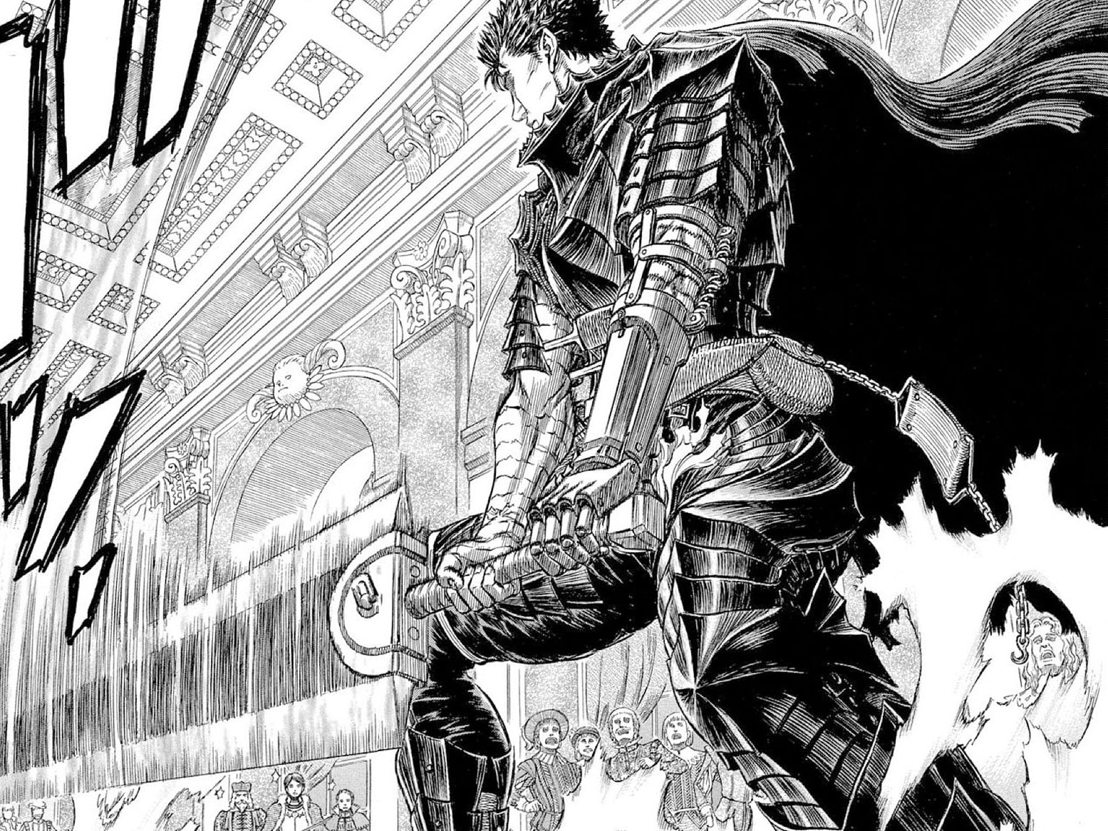 The black swordsman Guts reaching (Image via Kentaro Miura)