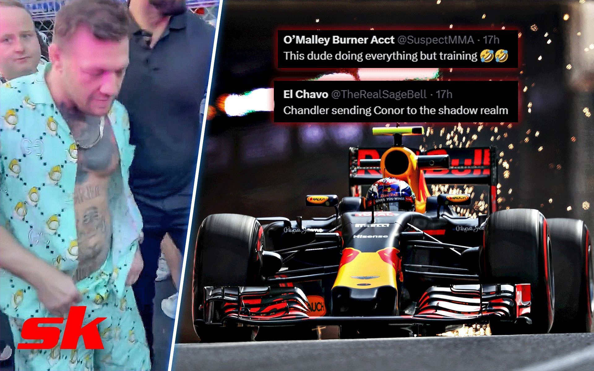 Conor McGregor at the Formula 1 Monaco GP. [Images courtesy: left image from Twitter @mma_orbit and right image from Getty Images]