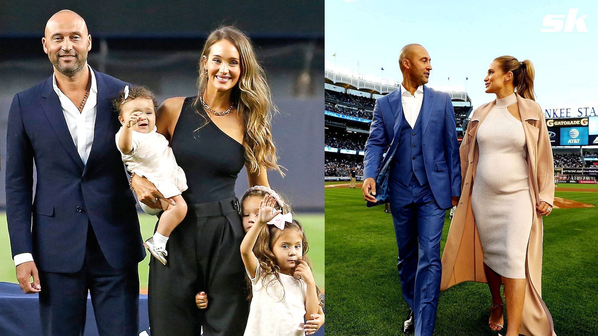 Derek Jeter poses with his Wife Hannah Davis during the retirement ceremony of his number 2 jersey at Yankee Stadium on May 14, 2017 in New York City. (Photo by Al Bello/Getty Images); Derek Jeter with his wife and children at Yankee Stadium for his Hall of Fame Induction Ceremony.