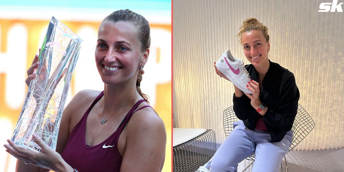 Petra Kvitova with Miami Open title (L) and with her NIke shoes (R)