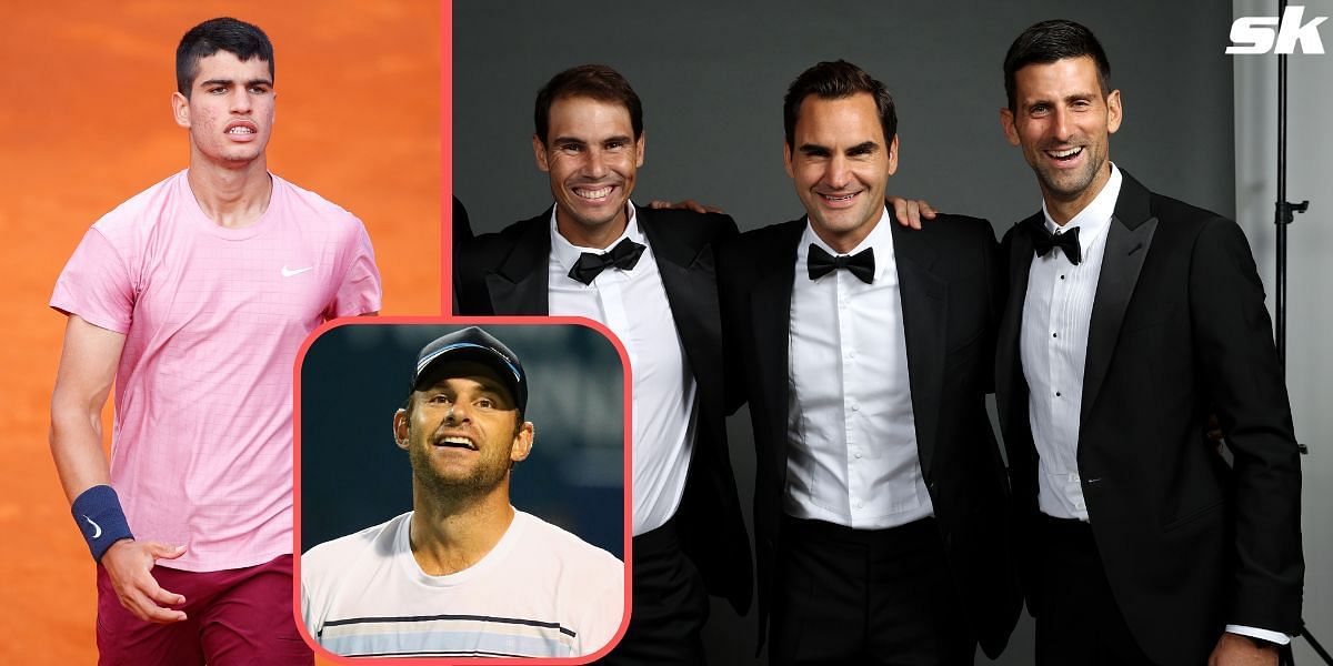 Carlos Alcaraz (L), Andy Roddick (inset), Rafael Nadal, Novak Djokovic and Roger Federer (R)