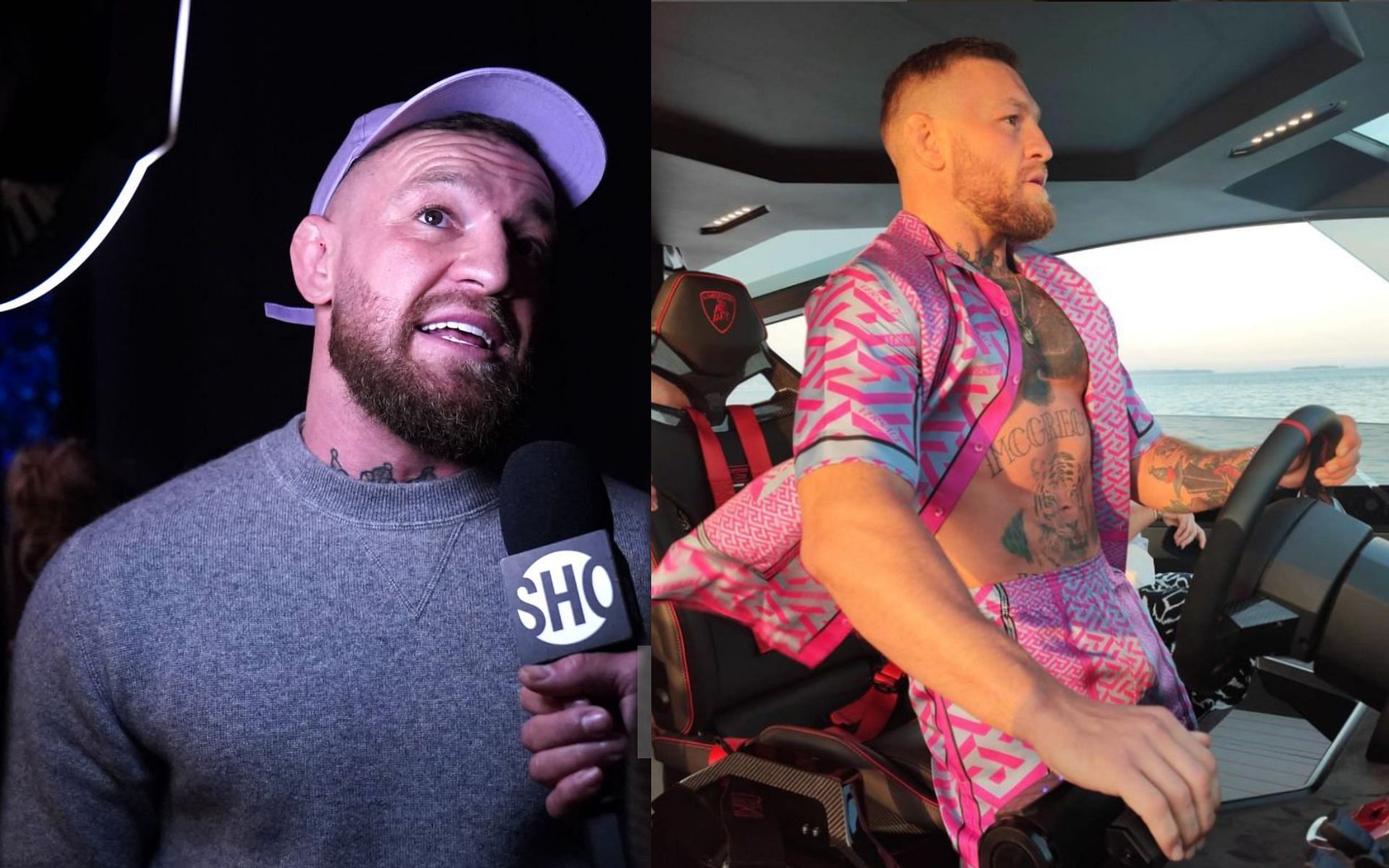 Conor McGregor at Bellator 275 (left) and McGregor on his Lamborghini yacht (right) [Image Courtesy: @thenotoriousmma on Instagram]