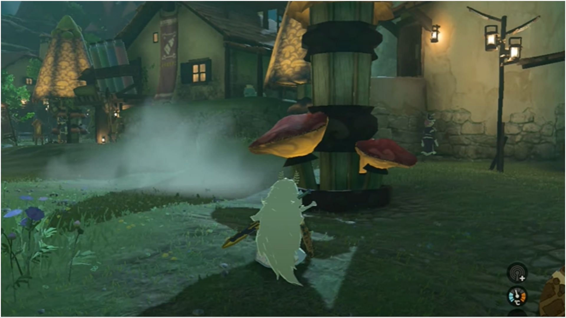 Stealthily position yourself behind the armor shop (Image via The Legend of Zelda Tears of the Kingdom)