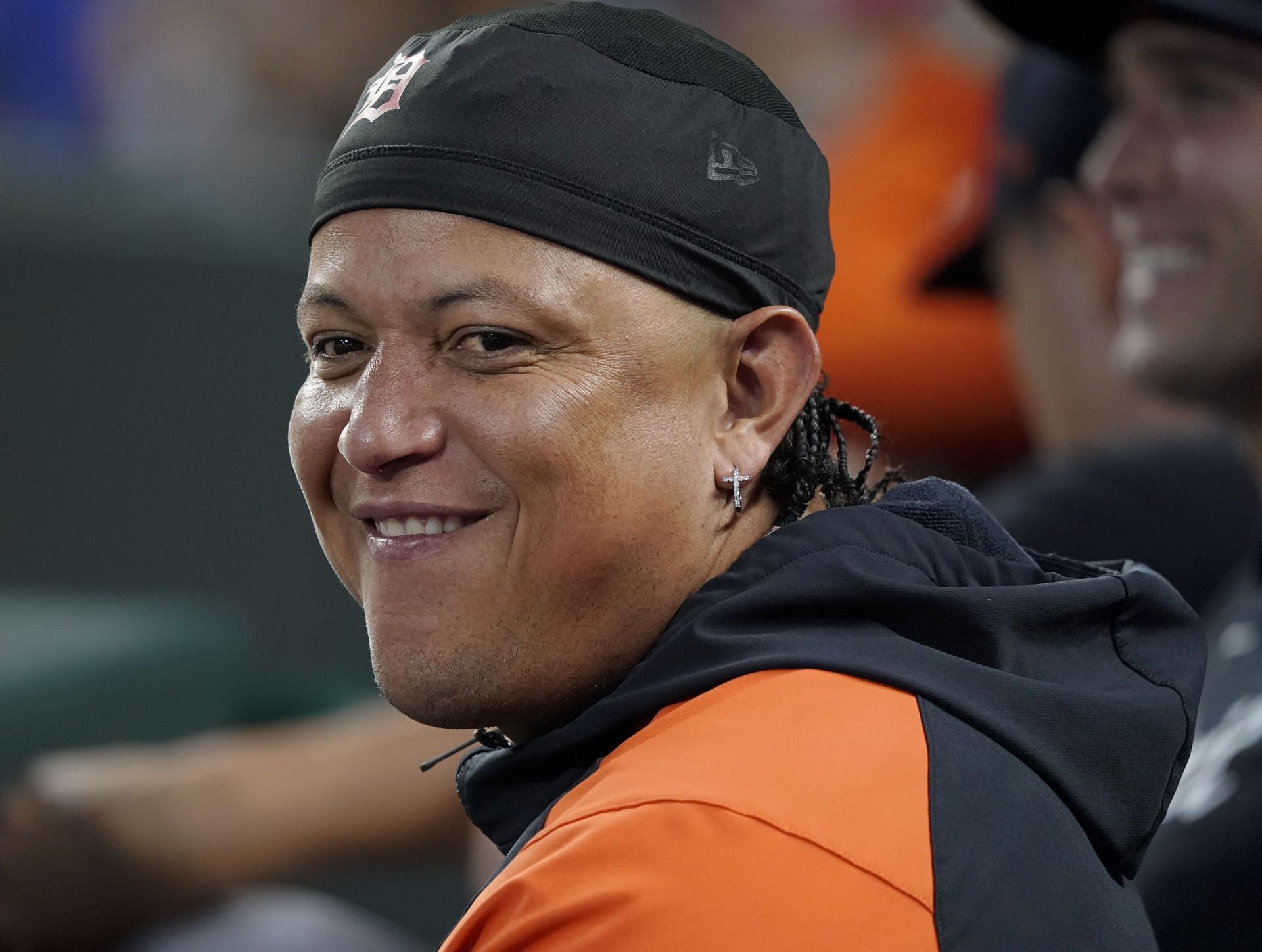 Miguel Cabrera of the Detroit Tigers watches from the dugout.