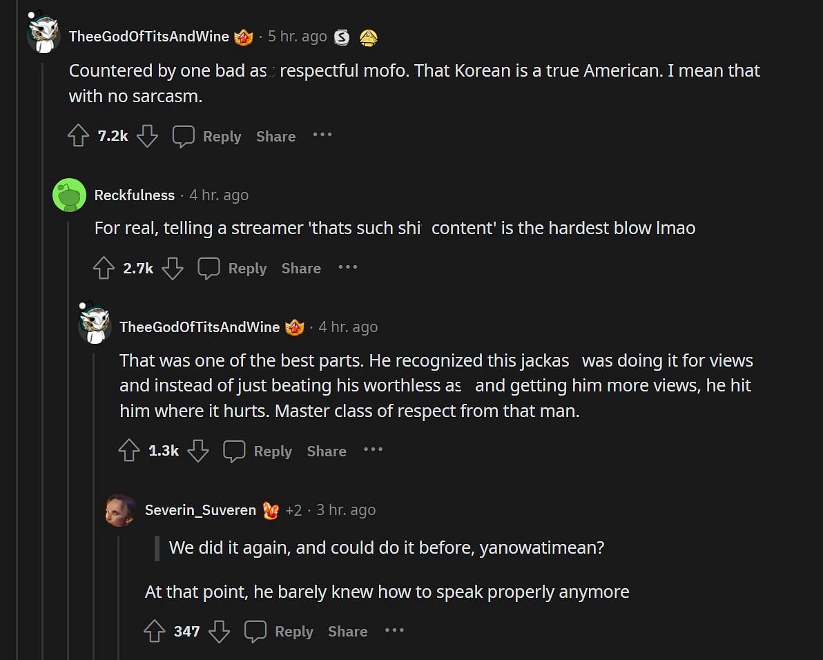Redditors praising the Korean-American from Texas from standing up (Image via r/facepalm)
