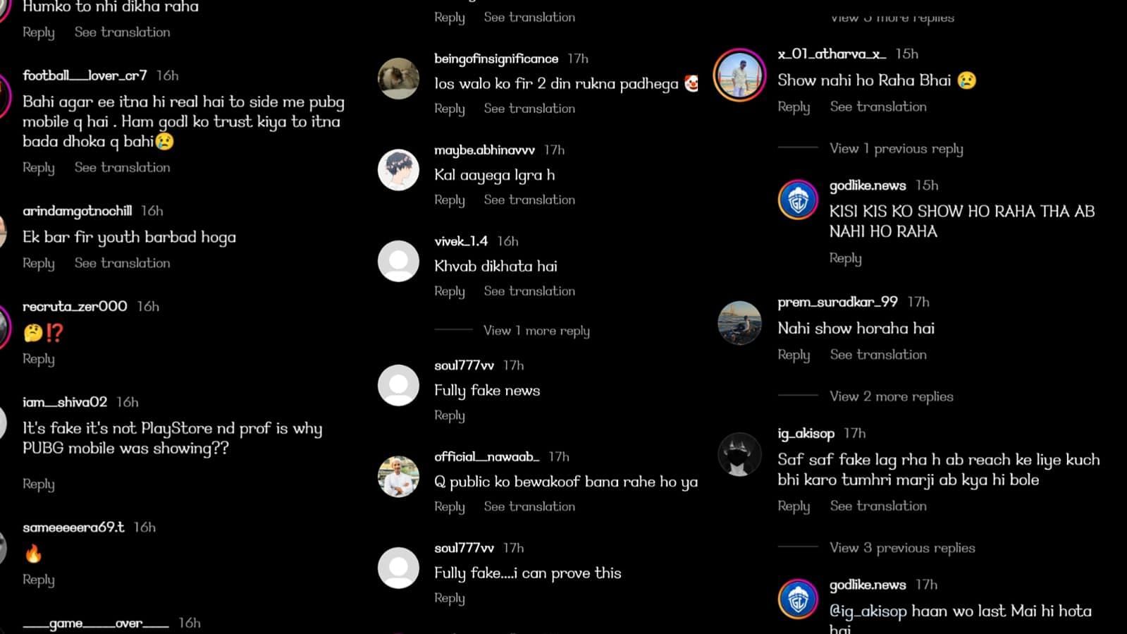 A collage showing Instagram comments labeling the surfaced BGMI update video as edited or fake. (Image via Instagram)