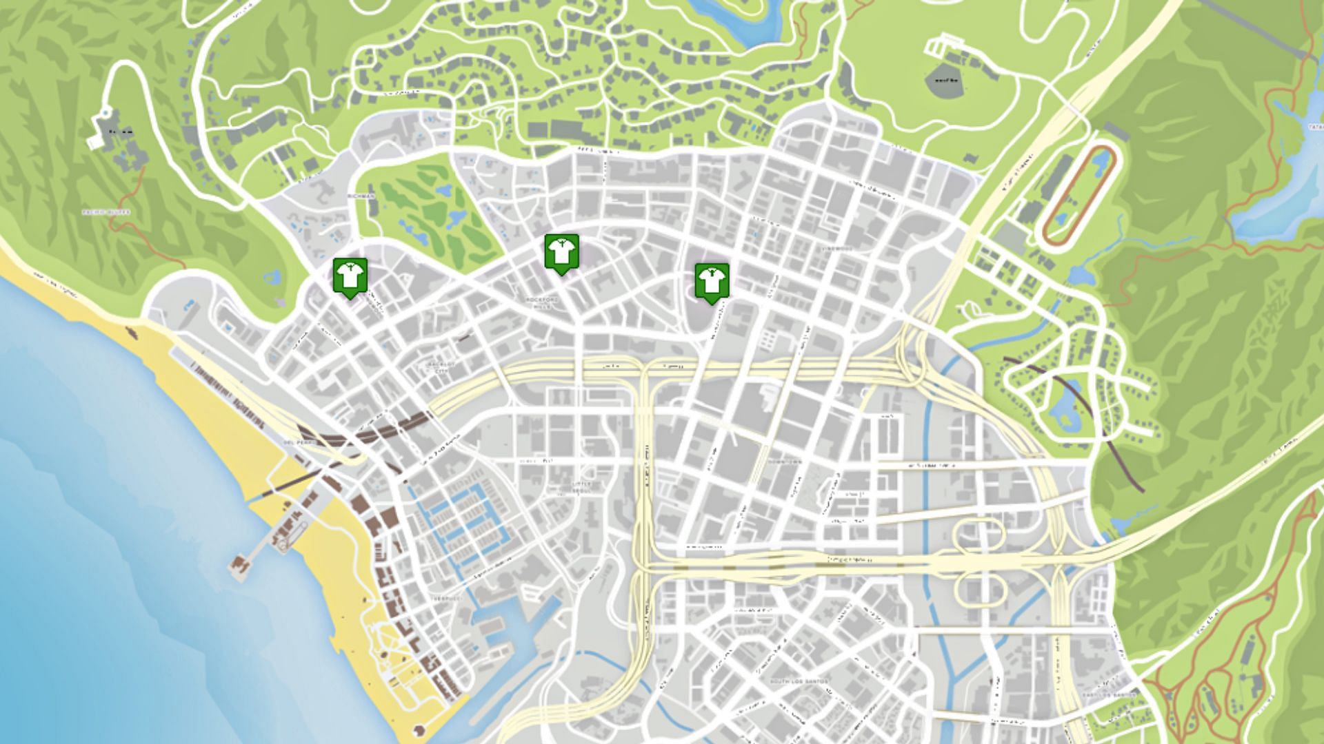 Ponsonbys locations (Image via gta-5-map.com)