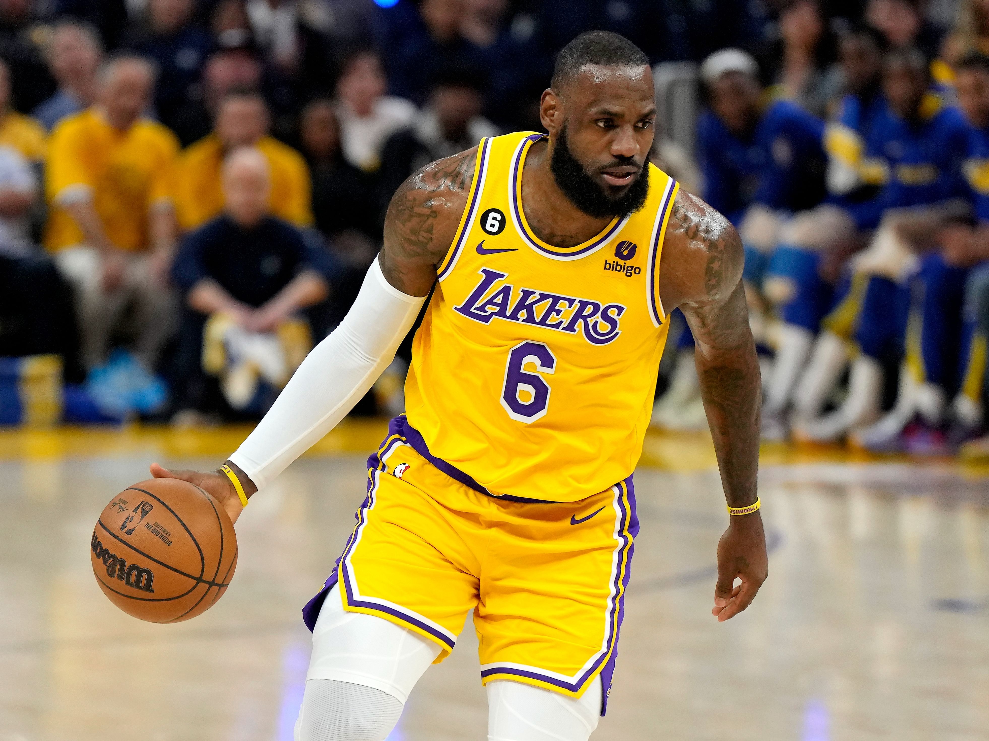LeBron James in action during Los Angeles Lakers v Golden State Warriors - Game Five