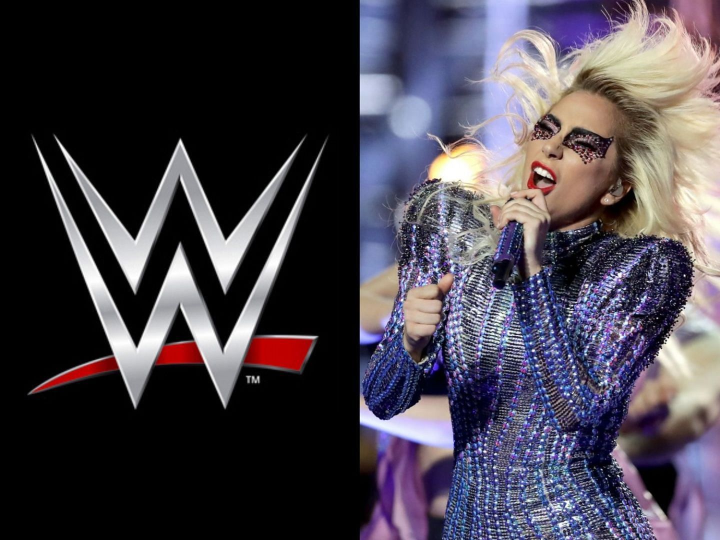 The WWE logo and Lady Gaga performing at the Super Bowl.