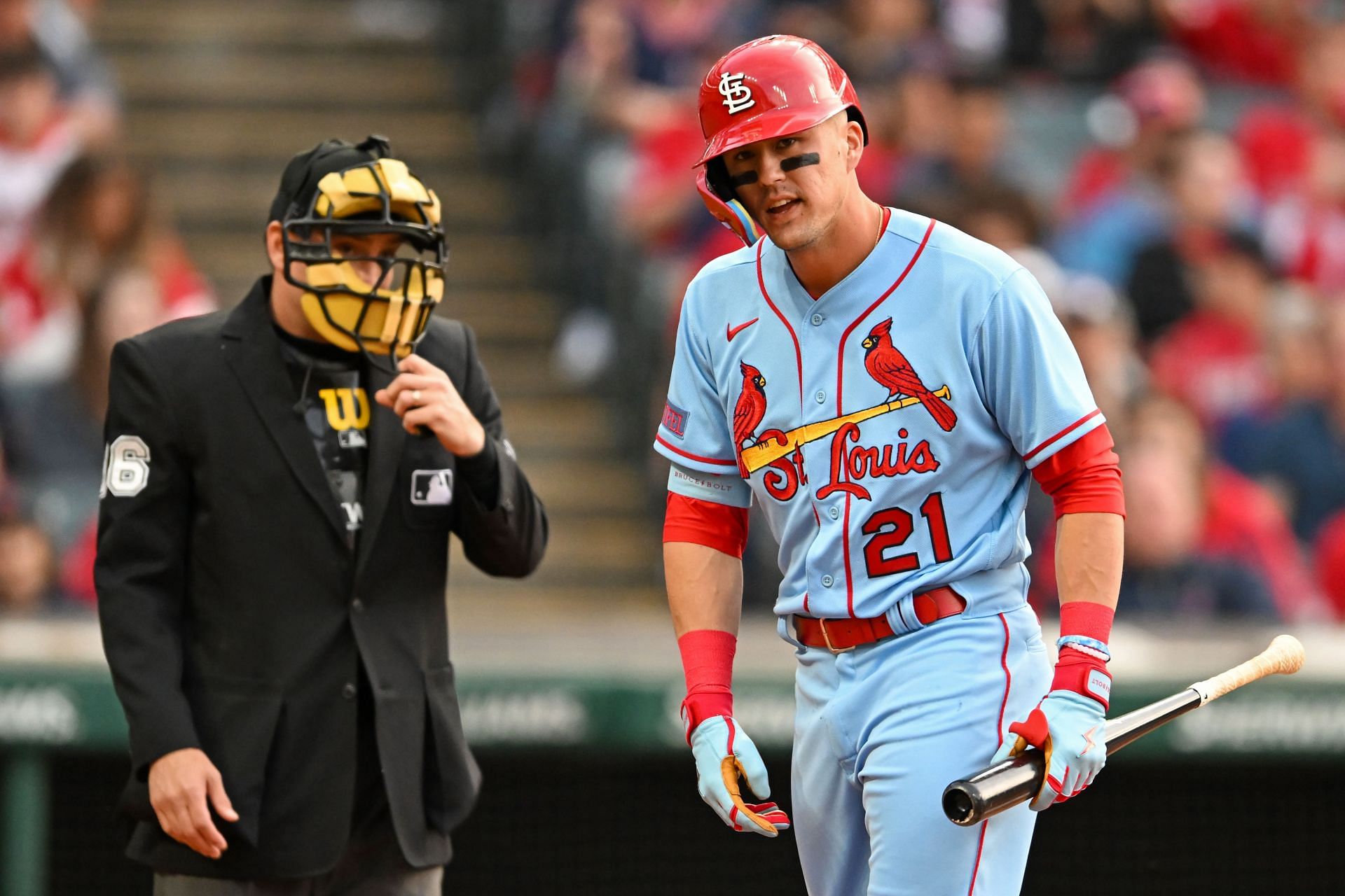 Lars Nootbaar #21 of the St. Louis Cardinals reacts after striking out