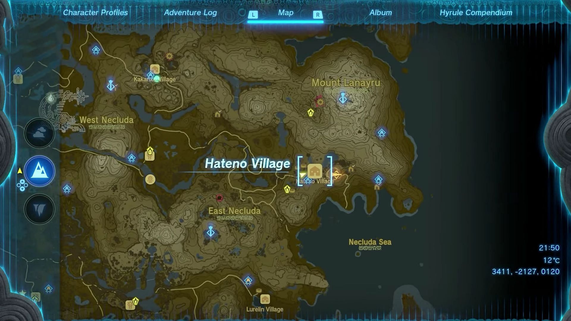 Hateno Village location on the map (Image via Nintendo)