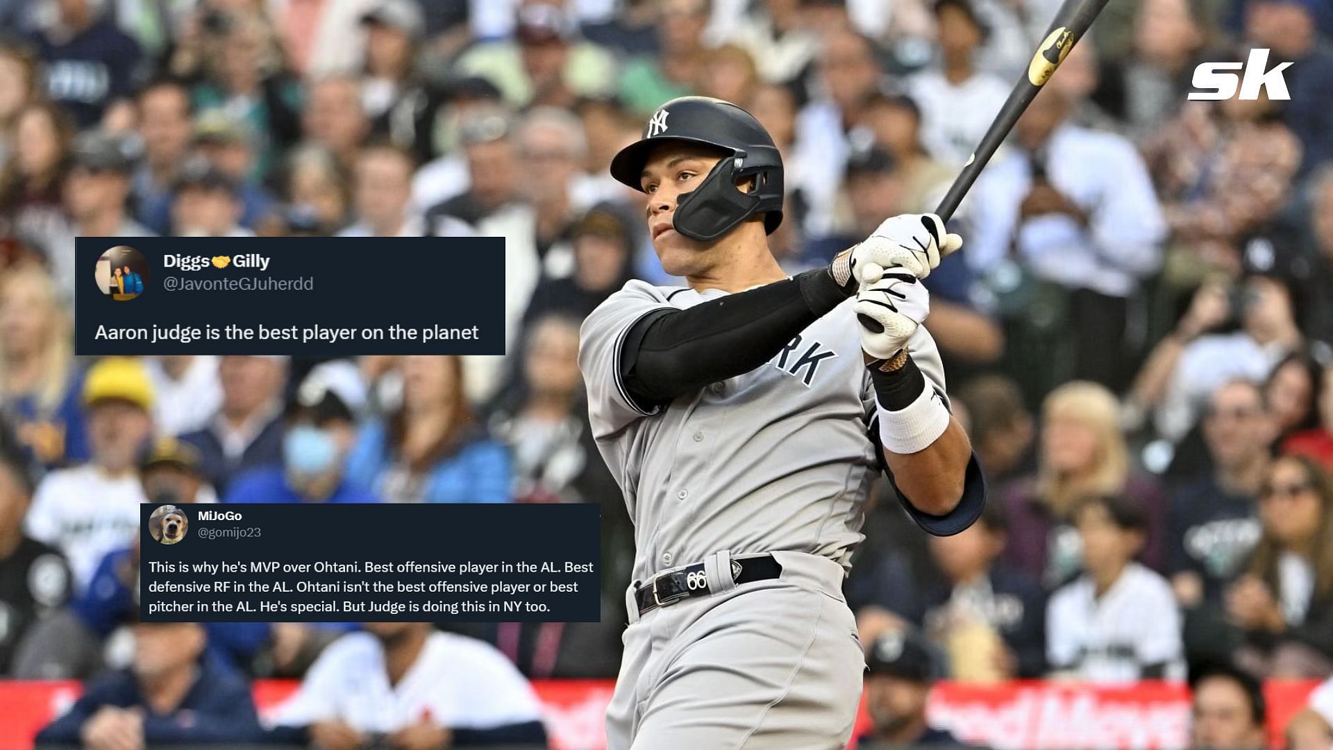 Aaron Judge #99 of the New York Yankees hits a two-run home run during the third inning against the Seattle Mariners at T-Mobile Park on May 29th.