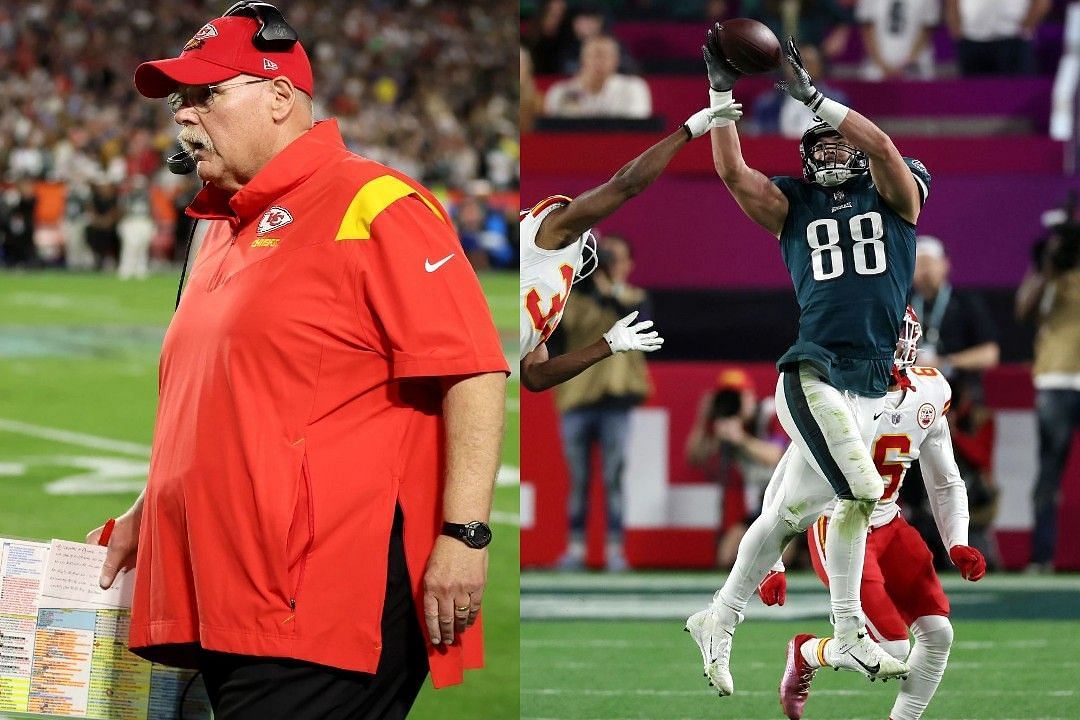 Andy Reid, left, Dallas Goedert, right 