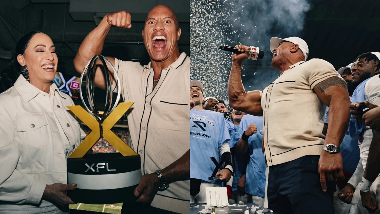 Dwayne Johnson seen celebrating alongside XFL co-owner Dany Garcia. (Image courtesy - @TheRock Twitter)