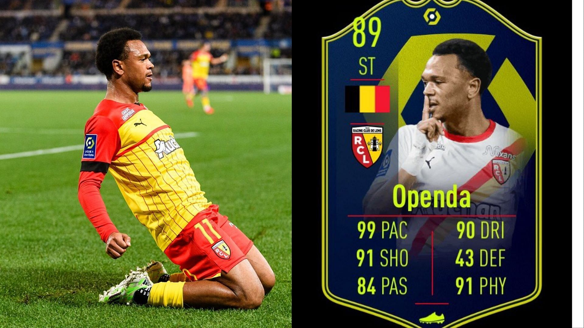 The Lois Openda Ligue 1 POTM SBC could be a bargain option in FIFA 23 (Images via Getty, Twitter/FIFA 23 News)