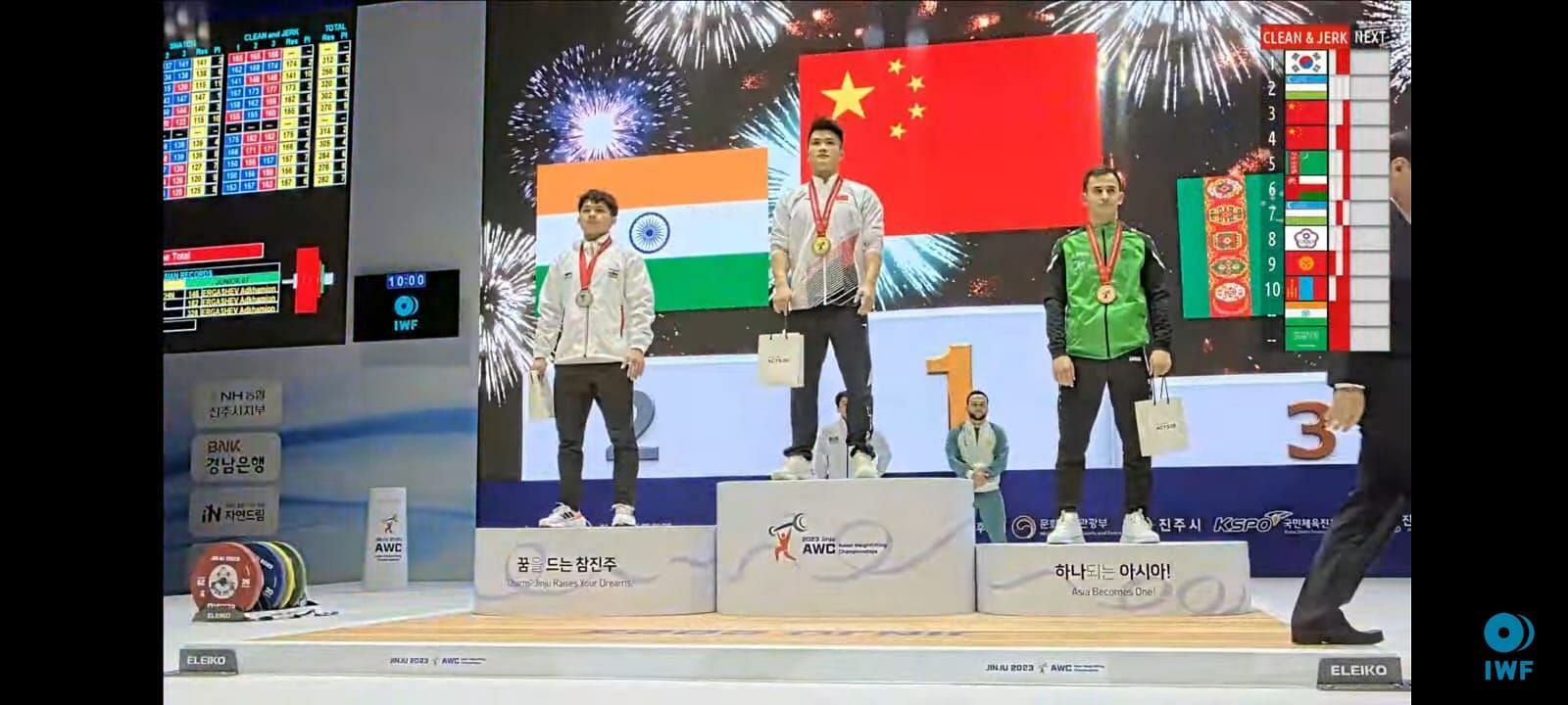 Jeremy Lalrinnunga on the podium at the Asian Wrestling Championships [Image: Twitter/SAI]