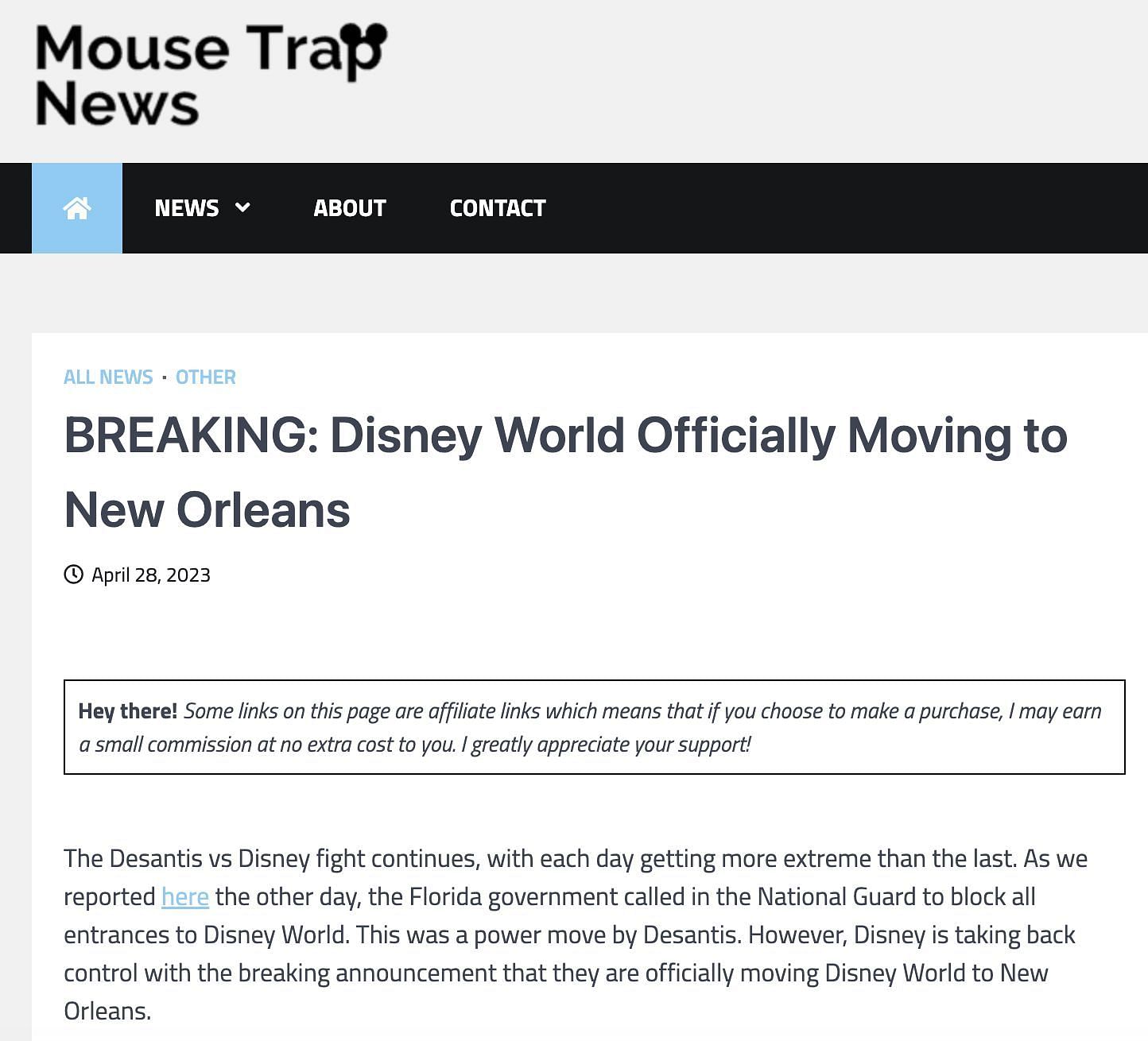 Fake news being spread around claiming that Disney World is moving to New Orleans (Image via Mouse Trap News)