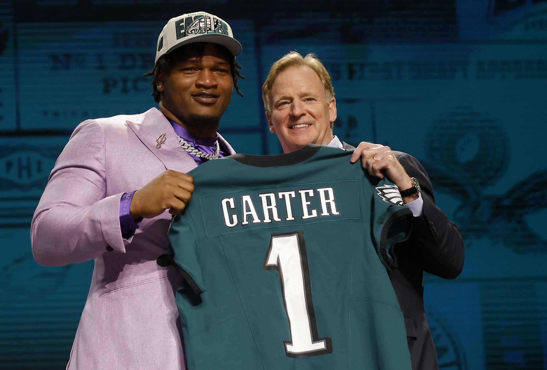 Jalen Carter at the 2023 NFL Draft alongside league Commissioner Roger Goodell 