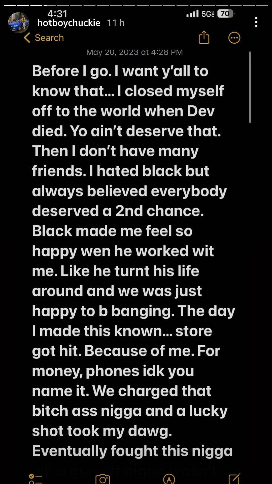 purplereignera&#039;s Instagram story written before his death (via Instagram)