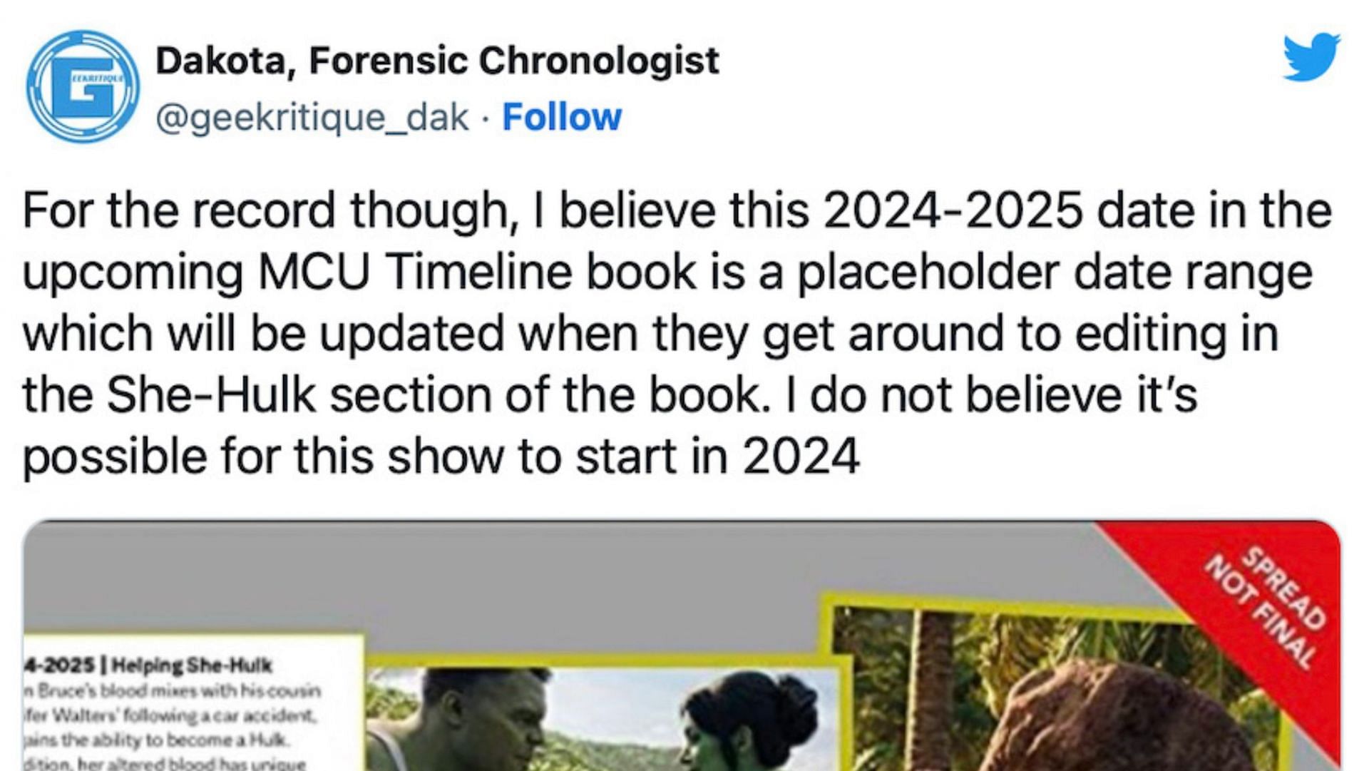 Forensic chronologist Dakota, aka Geekritique, at work, dissecting the MCU timeline and theorizing She-Hulk&#039;s storyline into Summer 2025 (Image via Twitter)