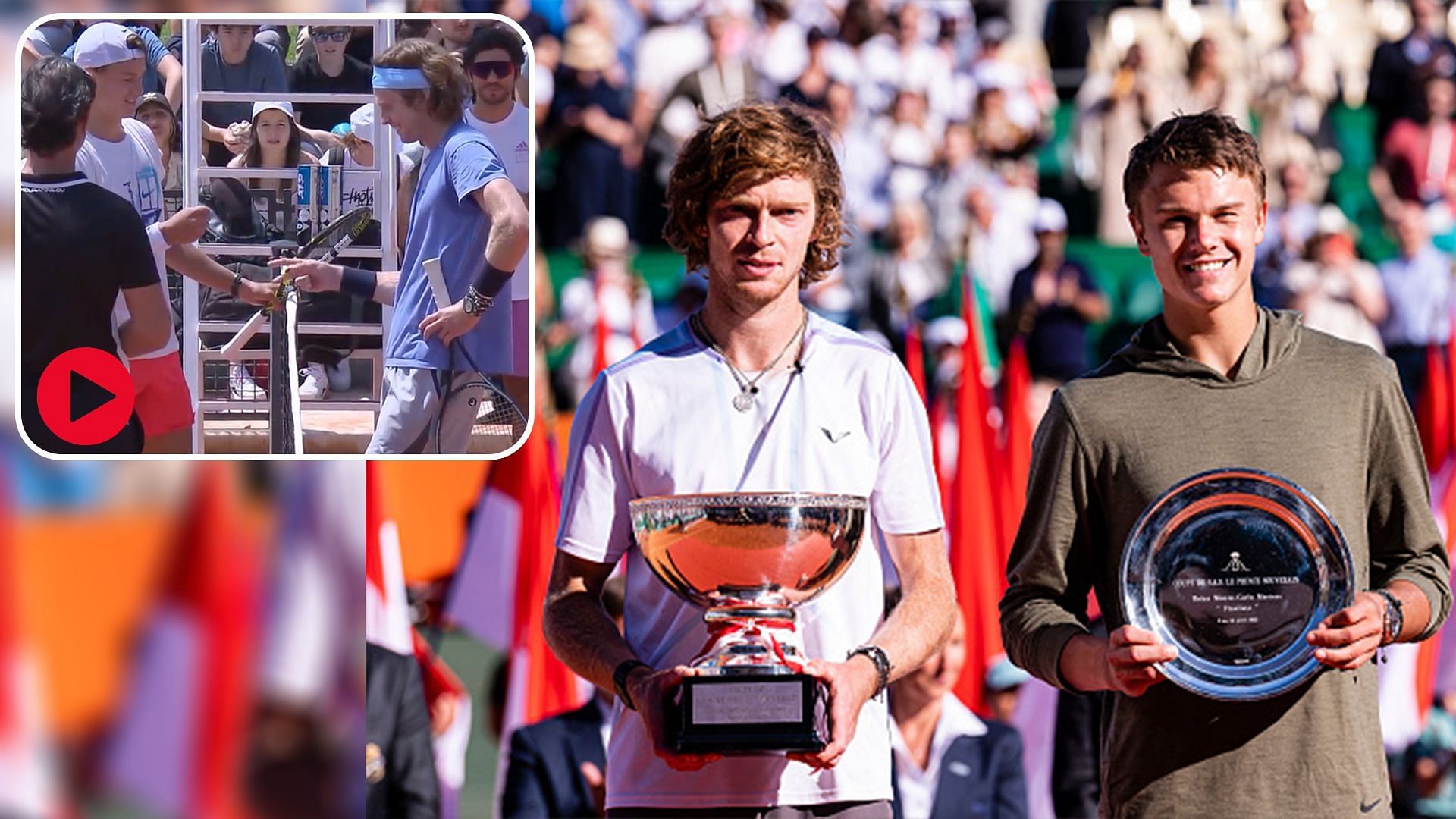 Andrey Rublev(left)with the trophy and Holger Rune at the 2023 Monte-Carlo Masters