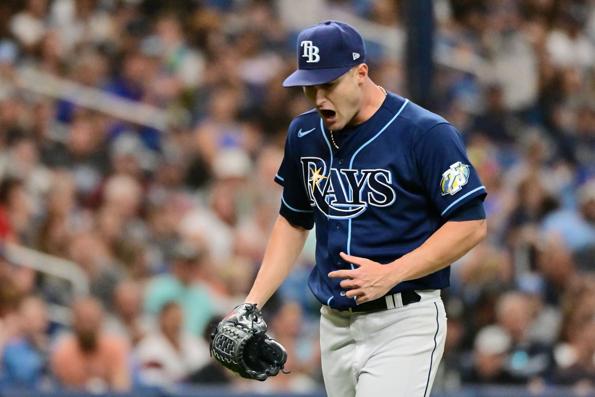 Shane McClanahan of the Tampa Bay Rays reacts against the Chicago White Sox at Tropicana Field