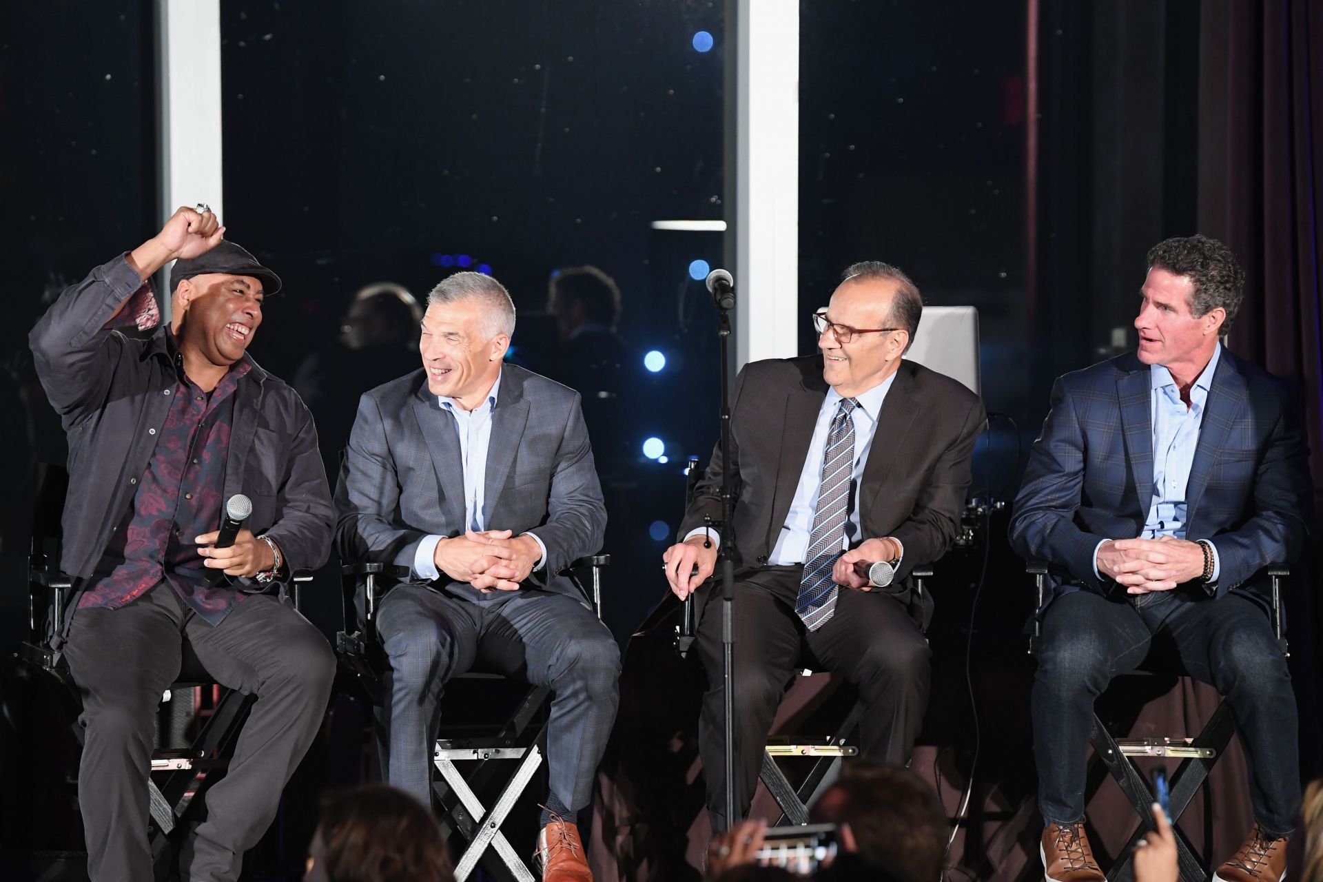 Bernie Williams, Joe Girardi, Joe Torre and Paul O&#039;Neill speak on stage during David Cone&#039;s 20th Anniversary of the Perfect Game