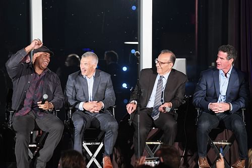 Bernie Williams, Joe Girardi, Joe Torre and Paul O'Neill speak on stage during David Cone's 20th Anniversary of the Perfect Game