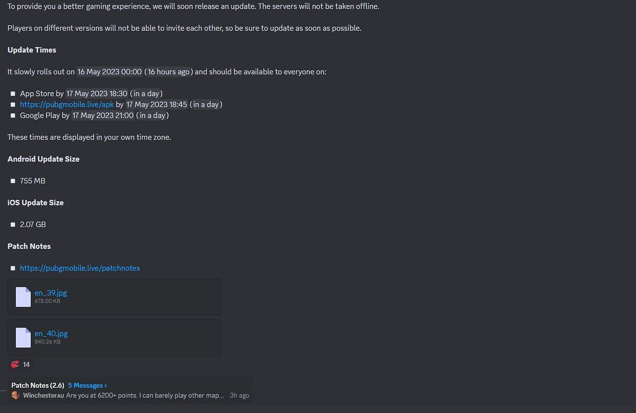 Snippet from PUBG Mobile&#039;s official Discord server showing the release date and time for the May update (Image via Discord)