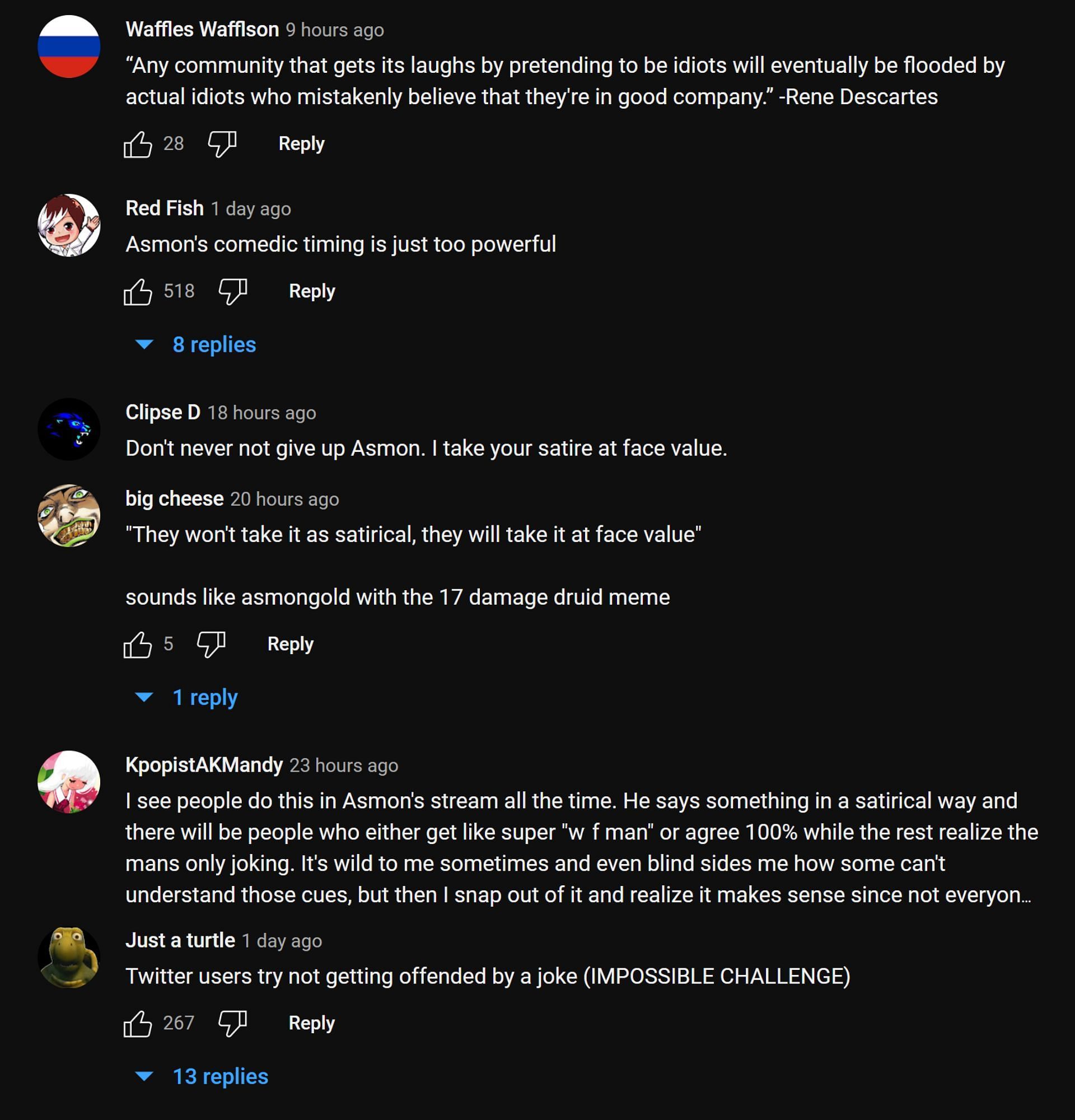 Fans in the YouTube comments section sharing their thoughts on the content creator&#039;s address (Image via Asmongold Clips/YouTube)