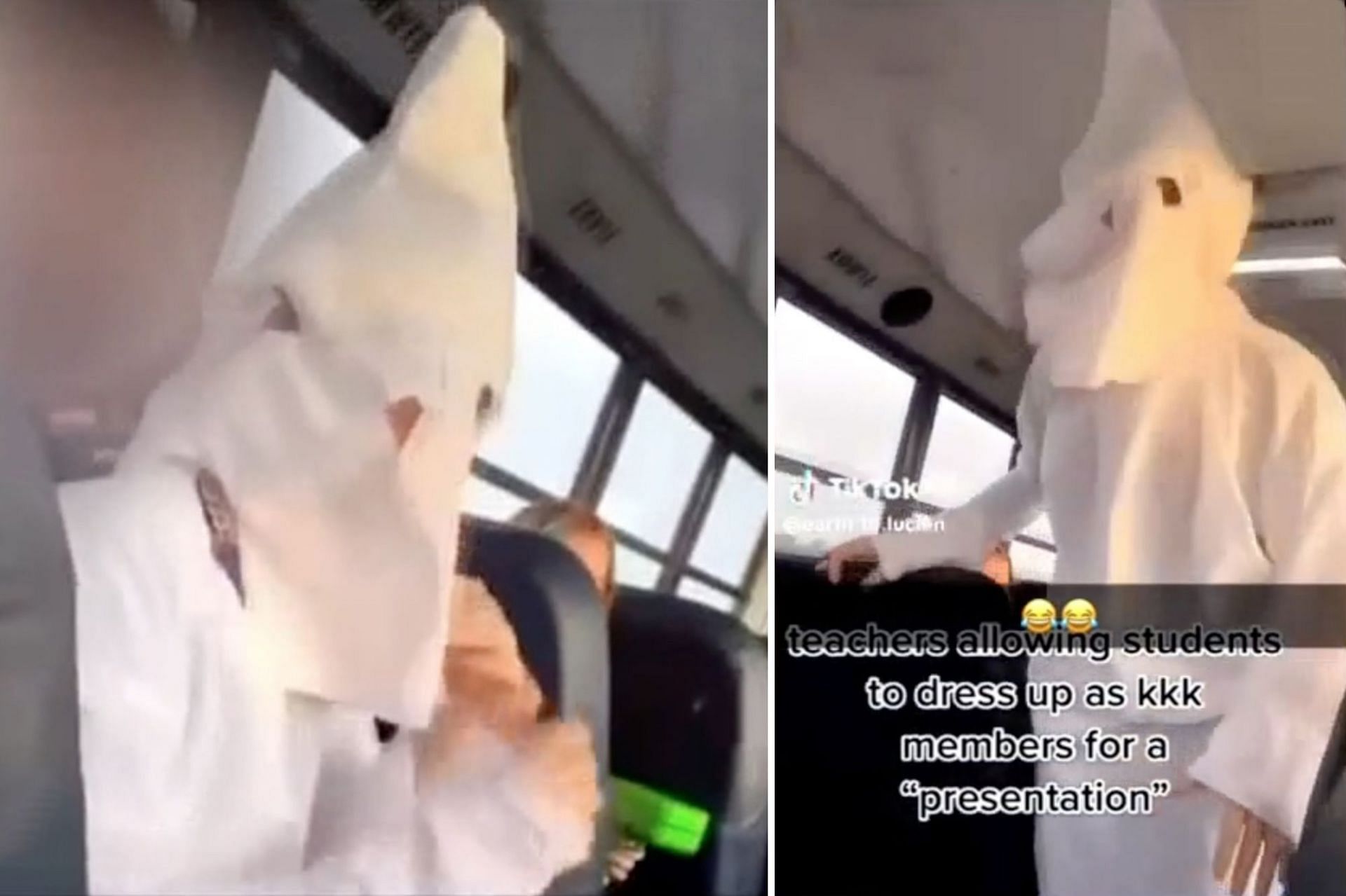 Social media users objected to the middle school teacher allowing the student to dress up as Ku Klux Klan&rsquo;s first Grand Wizards: School comes under fire. (Image via TikTok)