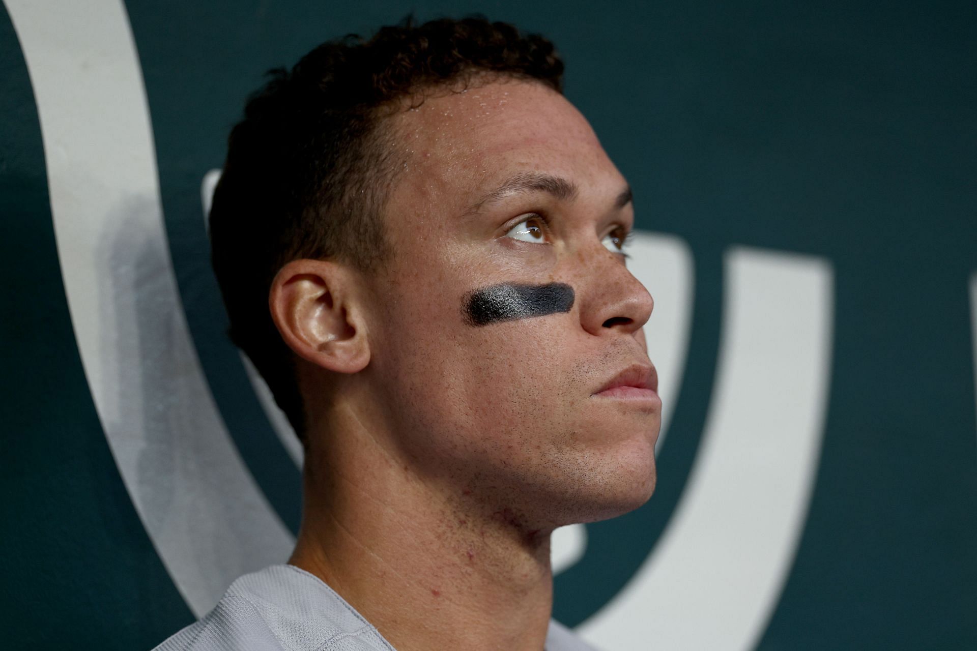 Aaron Judge #99 of the New York Yankees looks on as the New York Yankees take on the Texas Rangers