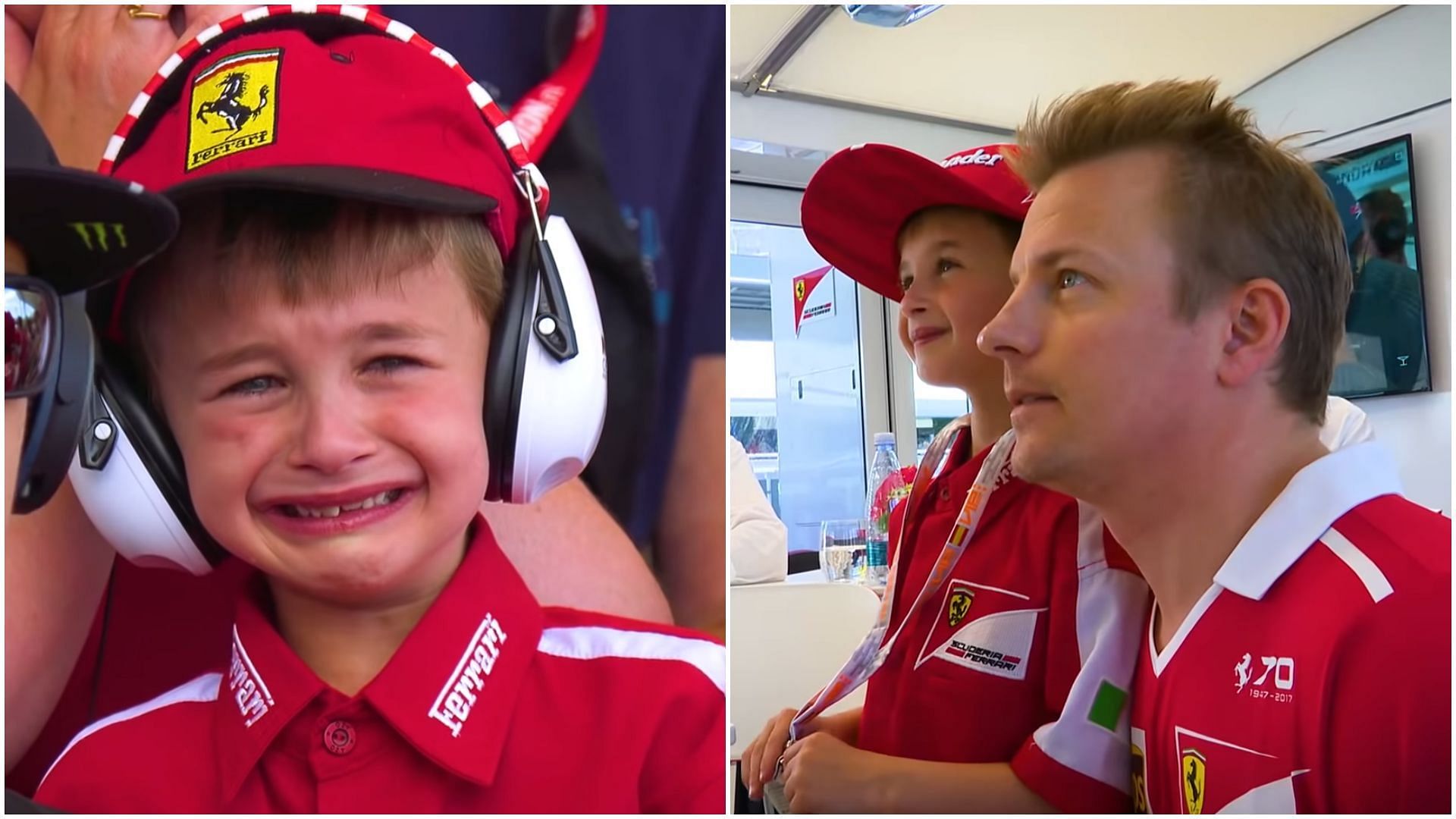 Kimi Raikkonen cheers up a young Ferrari fan after his crash in the 2017 F1 Spanish GP (Collage via Sportskeeda)