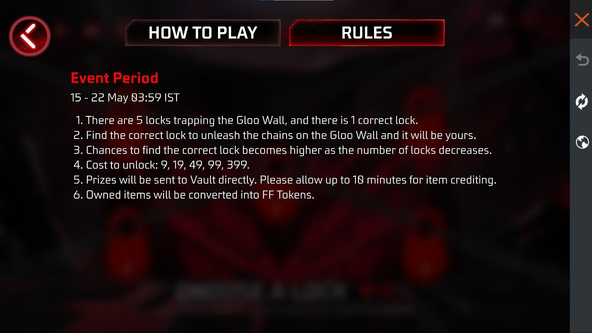 The event rules and cost to unlock (Image via Garena)