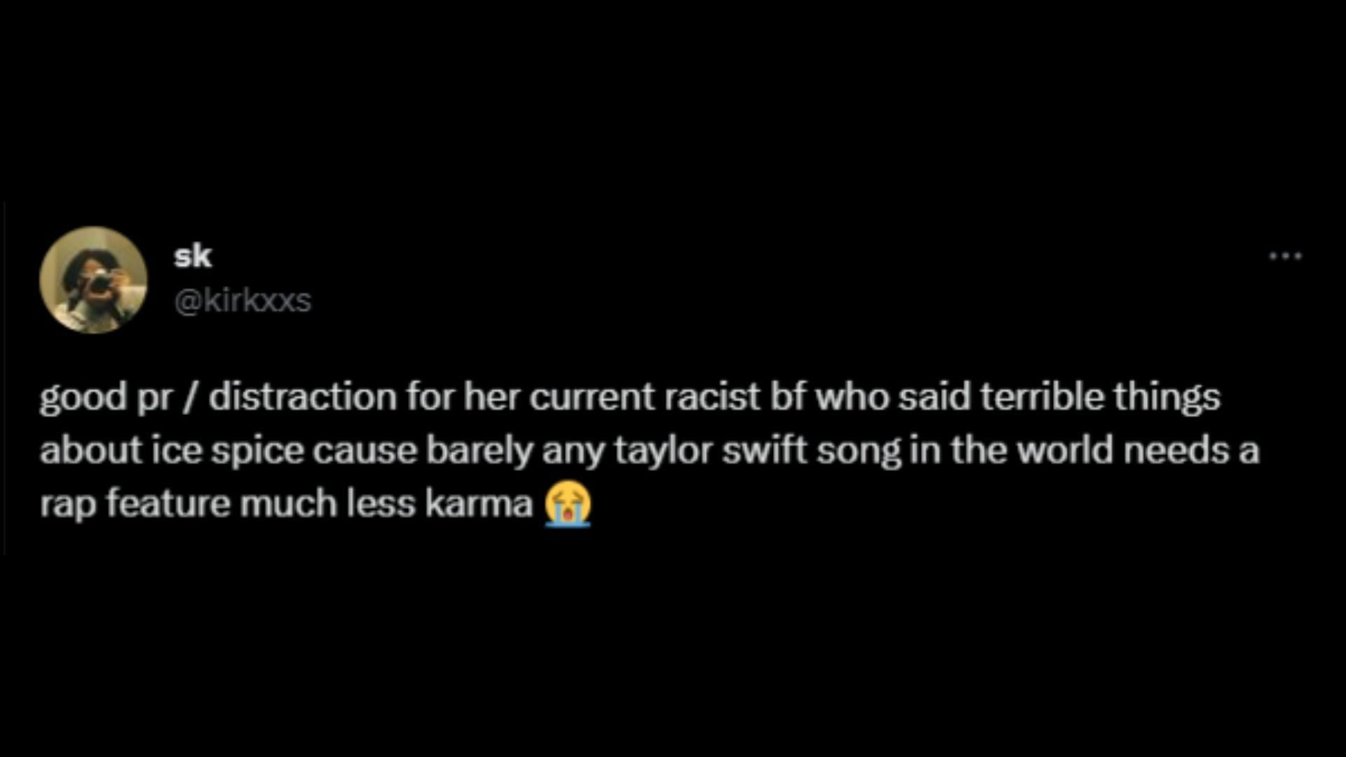 Screenshot of a Twitter user remarking on Swift and Ice Spice&#039;s collaboration. (Image via @AboutMusicYT/Twitter)
