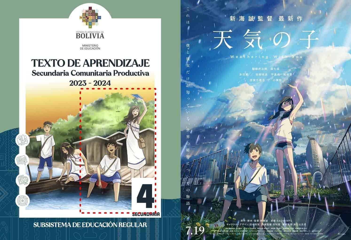 4th grade textbook in Bolivia that plagiarized the key visual from Weathering With You (Image via Bolivian Ministry of Education, Makoto Shinkai)