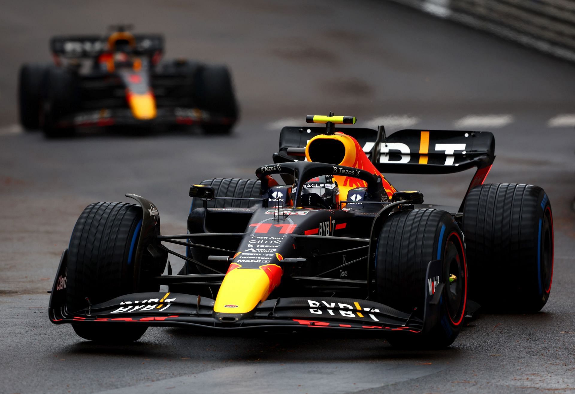 Red Bull&#039;s Sergio Perez drives the RB18 on the blue-walled wet tires from Pirelli during the 2022 F1 Monaco GP. (Photo by Mark Thompson/Getty Images)